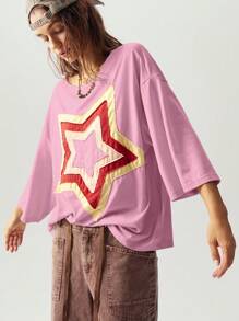 Bohemela 休闲纯色针织圆领短袖宽松大码T恤，带刺绣星星图案 - 粉色 - 查看 3