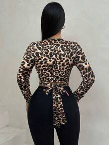 SHEIN Foxxy Women Leopard Print Long Sleeve Casual Cropped Top, Everyday Wear - Brown - View 2