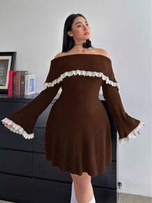 SHEIN MOOSTA 大码优雅拼色蕾丝边露肩喇叭袖毛衣连衣裙，秋冬 - 棕色 - 查看 3
