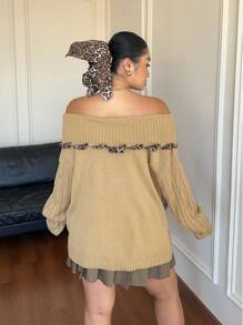 SHEIN Unity Plus Size Sexy Open Shoulder Leopard Print Ribbon Cable Knit Pullover Sweater, Autumn/Winter Knit Pullover Fall - Apricot - View 2