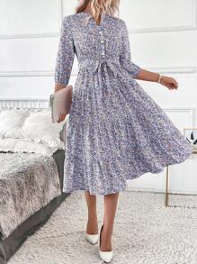 SHEIN Clasi Women's Long Stand Collar Ditsy Floral Dress Maxi Women Outfit