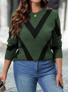 SHEIN LUNE Plus Size Round Neck Long Sleeve Striped Minimalist Casual Top, Everyday Wear
