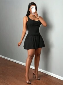 Slaydiva Women's Open Shoulder Wide Strap Solid Color Minimalist Casual Short Sexy Dress