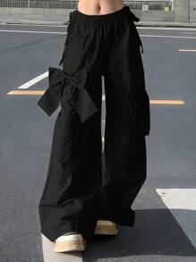 SHEIN EZwear Women's Solid Color Bow Decor Casual Cargo Pants