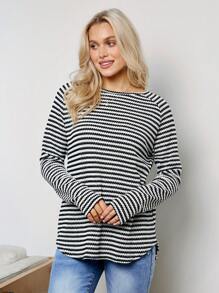 Wildy Women's Casual Loose Fit Black & White Striped Long Sleeve T-Shirt, Nautical Style, Autumn - Black and White - View 4
