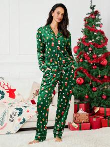 Manfinity VCAY 2pcs Unisex Velvet Long Sleeve Shirt And Straight Leg Pants Set, Suitable For Autumn/Winter, For Christmas - Green - View 5