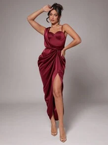 Silquee 女士简约日常约会旅行装优雅派对秋冬长袖纯色勃艮第优质缎面女士中长连衣裙不对称领口，胸罩罩杯上部，下摆垂褶连衣裙适合鸡尾酒会浪漫约会秋冬打底针织连衣裙派对聚会正式派对，婚礼，伴娘服，晚宴礼服，万圣节礼服，圣诞礼服 - 酒紅色 - 查看 4