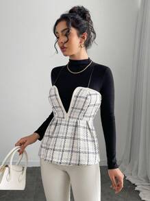 Calvaya Women's Retro Versatile Contrast Color Plaid V-Neck Ruffle Hem Tweed Precision Elegant Vest Camisole Top, Autumn/Winter New Graphic Tees Women Tops