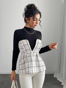 Calvaya Women's Retro Versatile Contrast Color Plaid V-Neck Ruffle Hem Tweed Precision Elegant Vest Camisole Top, Autumn/Winter New Graphic Tees Women Tops