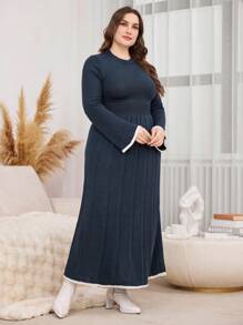 Modelyn Plus Size Solid Color Patchwork Round Neck Long Sleeve Casual Long Dress - Navy Blue - View 5