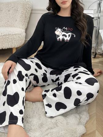 Plus Size Cow Pattern Round Neck Long Sleeve Top & Long Pants Pajama Set, Fall Clothes