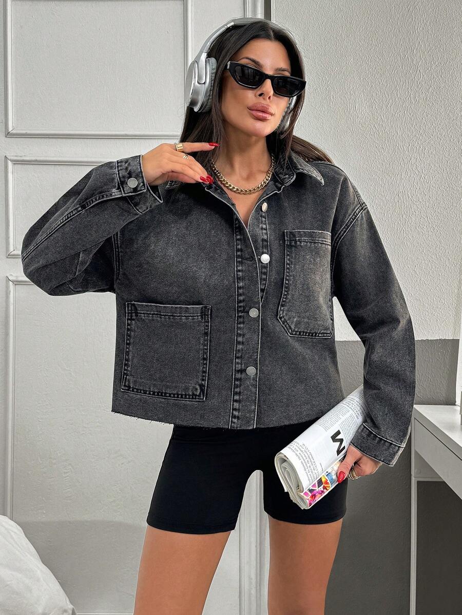 EURMUSE CASUAL BIG POCKET FRAYED HEM DENIM JACKET - Grey - View 1