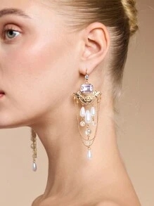 SHEIN Belle Crystal Rhinestone Pearl Beaded Tassel Drop Earrings