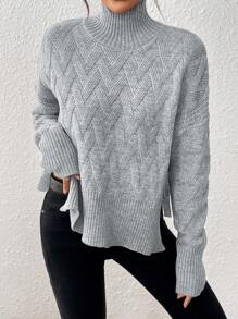 Chiquease Women High Neck Loose Knitted Long Sleeve Sweater Top With Split And Tie Design, Versatile Pullover Sweater, Autumn/Winter Fall - Grey - View 5