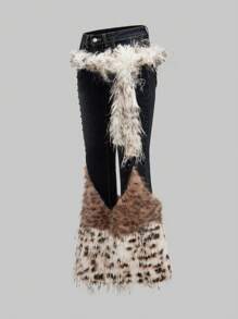 ROMWE J-Fashion Y2K Gyaru Inspired Low Rise Vintage Leopard Print Faux Fur Flared Jeans - Blue - View 3