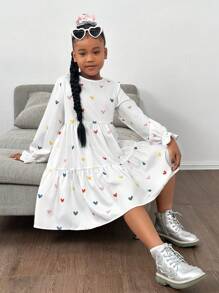 SHEIN Tween Girl Loose Casual Minimalist Comfortable Heart Print Round Neck A-Line Dress - White - View 3