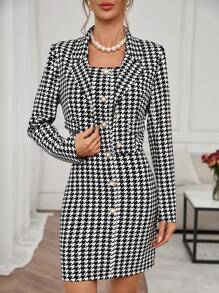 SHEIN Clasi 女士优雅千鸟格连衣裙，配有金属纽扣和翻领西装外套 2 件套，适合约会和通勤