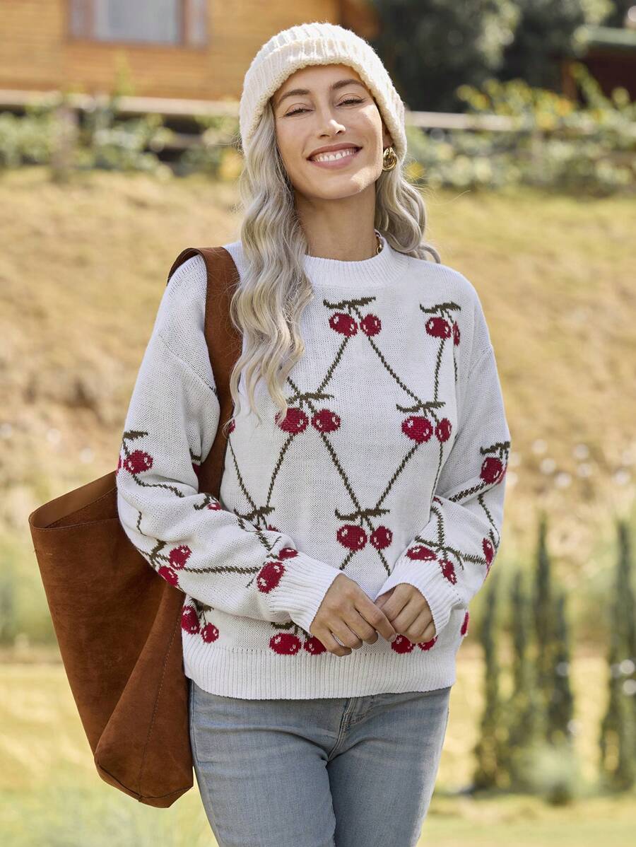 LanaWest Suéter casual de cuello redondo con gráfico de cereza, suéter de punto de Año Nuevo para otoño e invierno - Blanco - Ver 1