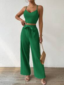 Breezaya 女士可调节肩带吊带背心上衣搭配蝴蝶结和直腿裤度假风 2 件套 - 綠色 - 查看 6