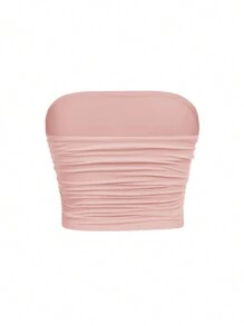 SHEIN 青少年女孩简约舒适褶皱弹性贴身休闲抹胸胸罩 - 粉色 - 查看 2