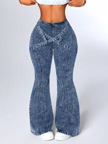 SHEIN ICON Women's Cross Strap Design Flared Casual Versatile Jeans - Light Wash - View 6