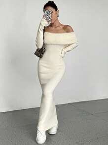 EgrlEra Off-Shoulder Long Fitted Sweater Dress, Solid Color Fall Cloth For Women - Apricot - View 3
