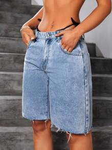 SHEIN ICON Pantalones Cortos De Pierna Recta Con Acabado Crudo Para Mujer