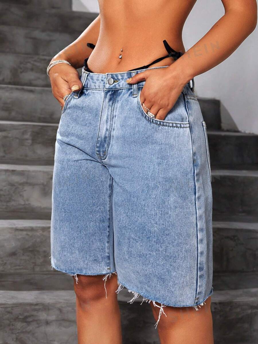 SHEIN ICON Pantalones Cortos De Pierna Recta Con Acabado Crudo Para Mujer