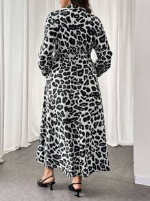 SHEIN LUNE 大码秋季休闲豹纹长裙超长女装 - 黑色 - 查看 2