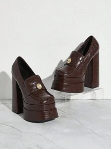 SHUZIA Zapatos de tacón alto grueso con suela gruesa, de estilo chic, lindo y de moda, en color marrón efecto cocodrilo, para fiestas