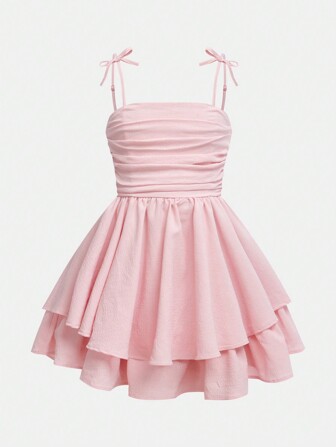 SHEIN Girlism Tween Girls' Woven Solid Color Bubble Pleated Double Layer Dress Casual Strappy French Fairy Dress,Elegant Long Sleeve Cake Dress, Great For Casual & Daily Wear & School Daily In Autumn & Winter, For Christmas ,Vacation, Party Wear ,Birthday Dress,Valentine's Day,Wedding Season,Princess Dress,Valentine's Day Holiday Outfits