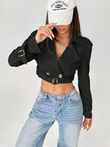 SHEIN PETITE Damski płaszcz typu trencz z wyciętymi klapami i guzikami z przodu, z długim rękawem, na co dzień - Czarne - Zobacz 7