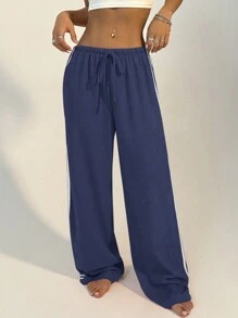FavEase Contrast Stripe Drawstring Waist Straight Pants Fall Cloth For Women - Navy Blue - View 4