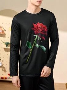 Notgurli Men's Rose Floral Pattern Pajama Shirt - Black - View 6