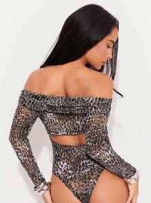 Hauture Cheetah Print Off Shoulder Long Sleeve Cut Out Body Suit - Multicolor - View 2