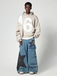 ROMWE MEN Street Life 男士休闲拉链前数字印花长袖连帽运动衫，秋季 - 卡其色 - 查看 2