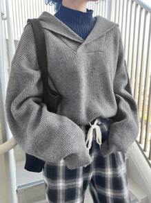 FRIFUL 女士纯色长袖简约连帽毛衣，休闲日常穿着，秋季服装 - 灰色 - 查看 5