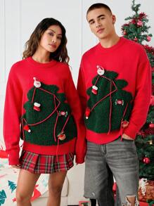 Manfinity VCAY Unisex Christmas Figure Print Crew Neck Pullover Sweater, Suitable For Winter And Christmas Season - Burgundy - View 1