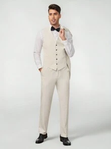 Manfinity VCAY 男士青果領西裝外套和西裝褲套裝帶馬甲 - 米色 - 查看 1