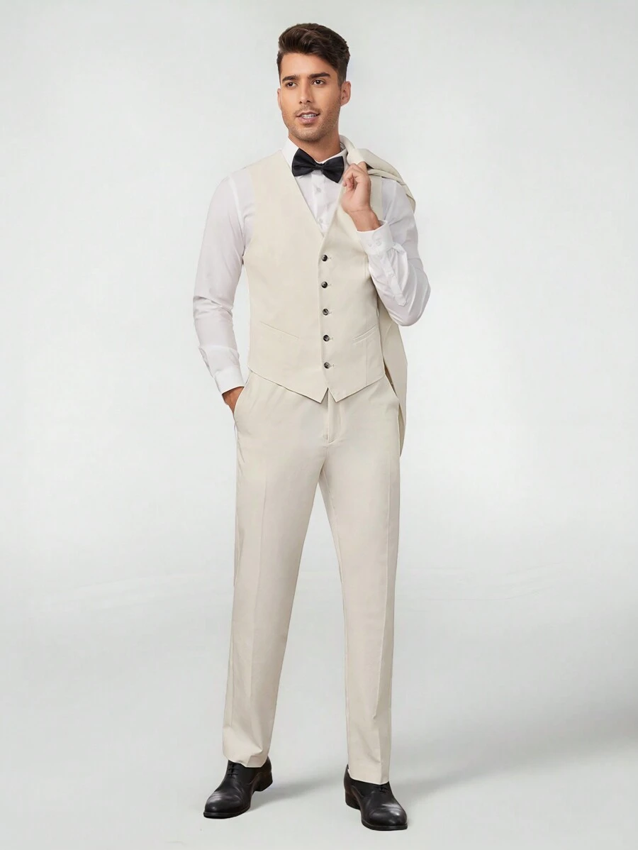 Manfinity VCAY 男士青果領西裝外套和西裝褲套裝帶馬甲 - 米色 - 查看 1