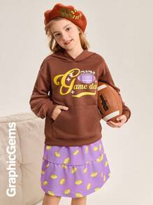 Tween Girls Graphic Print Long Sleeve Hoodie Sweatshirt And Ruffle Hem Mini Skirt 2 Pieces Set, Casual, Autumn/Winter - Multicolor - View 3