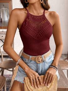 SHEIN Frenchy Women's Solid Color Contrast Lace Halter Neck Camisole Christmas Chic Red Summer New Year Burgundy Casual Valentine's Day - Burgundy - View 4