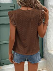 SHEIN Frenchy Eyelet Embroidery Ruffle Trim Round Neck Lace Trimmed Tee Summer Brown - Coffee Brown - View 3