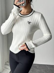 SHEIN Unity 女士刺绣图案圆领长袖针织衫，撞色滚边，秋冬季 - 白色 - 查看 4