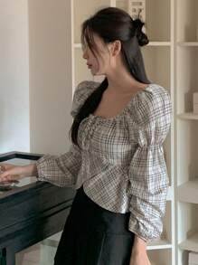 DAZY Blusa casual de manga larga con nudo delantero a cuadros para mujer, use diaria