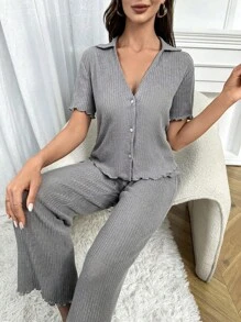 生菜色饰边上衣和裤子休闲套装 - 灰色 - 查看 3