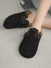 Solecia 女士纯色一脚蹬平底鞋，夏季休闲时尚防滑乐福鞋万圣节圣诞节秋季 - 黑色 - 查看 9