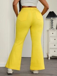 SHEIN ICON Plus Size Plain Distressed Fitted Flared Leg Jeans - Yellow - View 2
