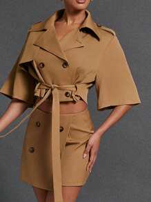 Hauture Women's Solid Color Double Breasted Belted Casual Lightweight Jacket - Khaki - View 1