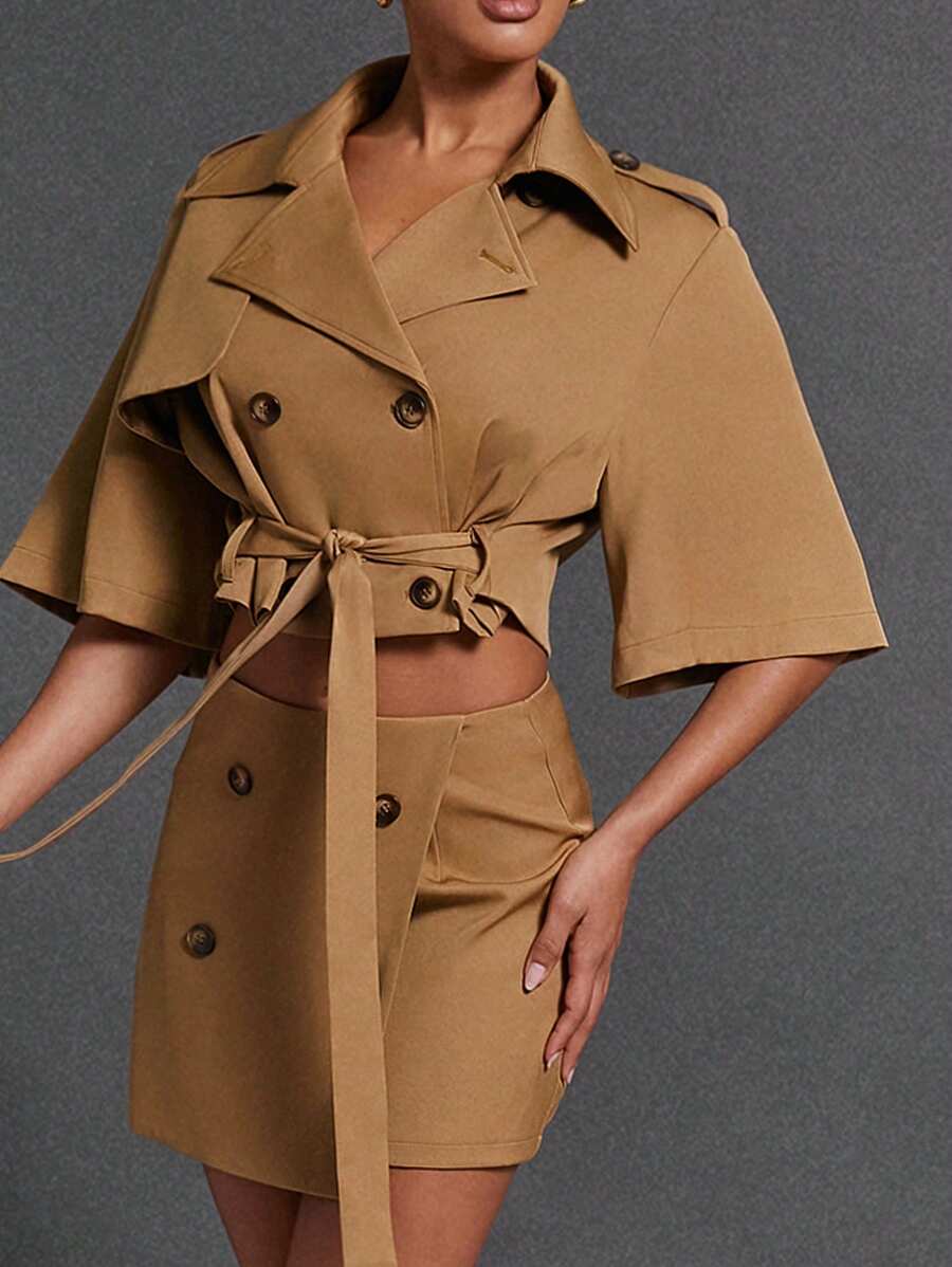 Hauture Women's Solid Color Double Breasted Belted Casual Lightweight Jacket - Khaki - View 1